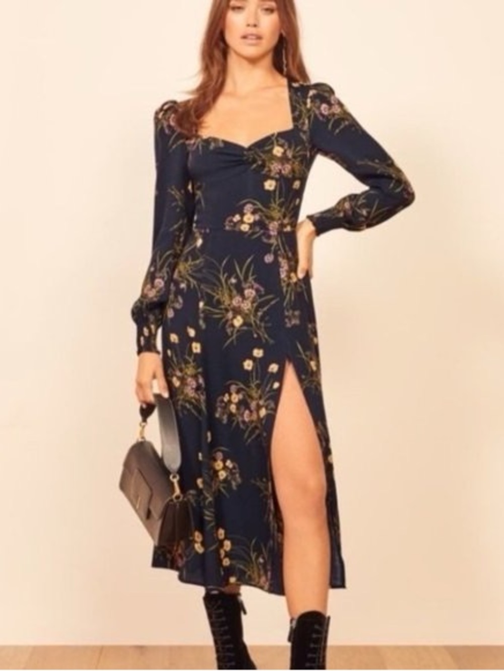 Reformation Wallflower Navy Floral Midi Dress with Side Slit
